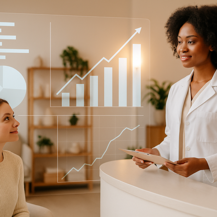 A med spa team reviewing brand storytelling elements—visuals, messaging, and patient narratives—to build emotional connection and increase patient engagement and conversions.